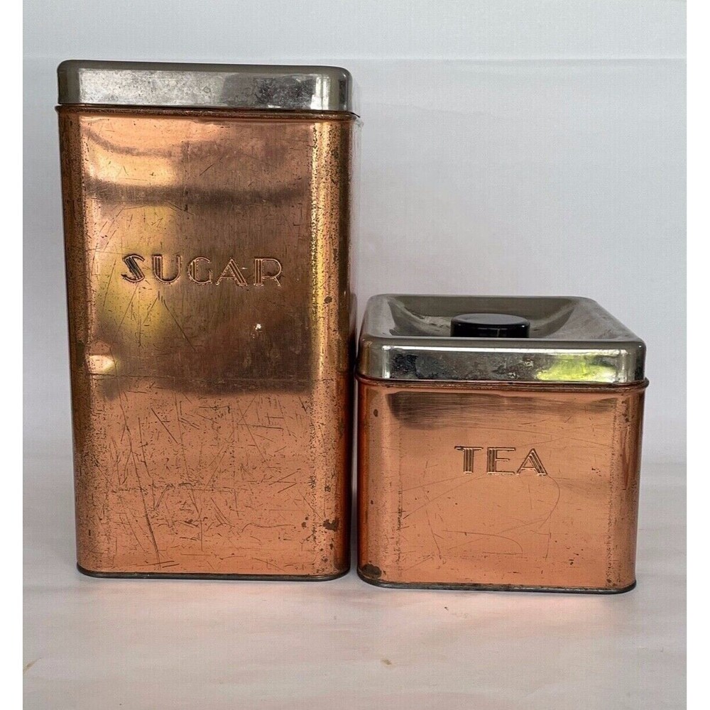 Set of 2 MCM Vintage Garner Ware Copper Metal Canisters Sugar & Tea Mid Century